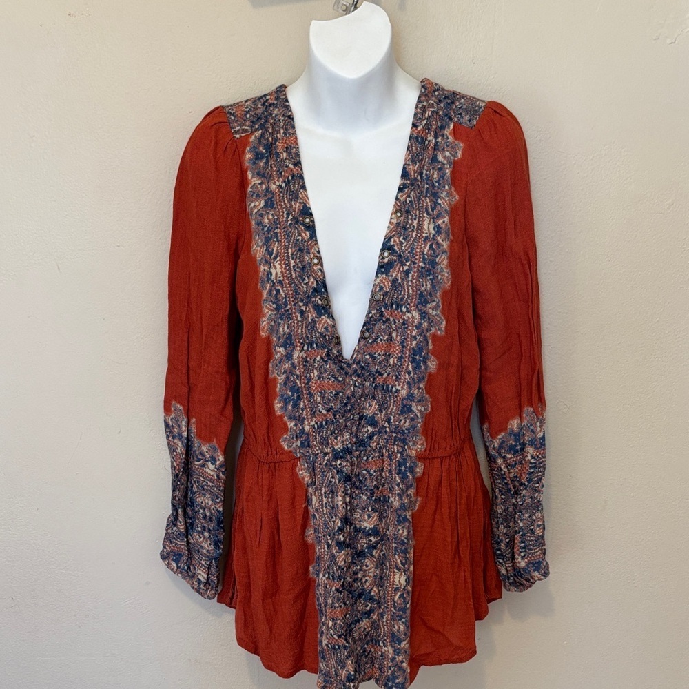 Free People Rust and Blue Boho Blouse